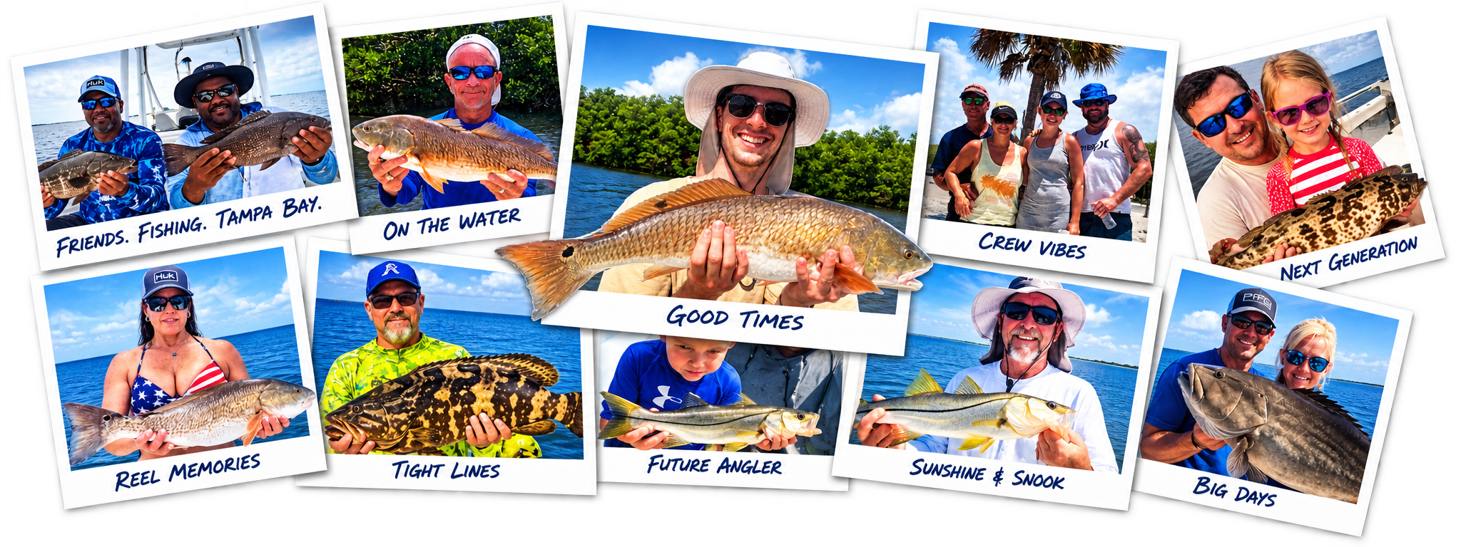 Polaroid snapshots from Apollo Beach charters: friends, families and kids holding redfish, snook and grouper on Tampa Bay