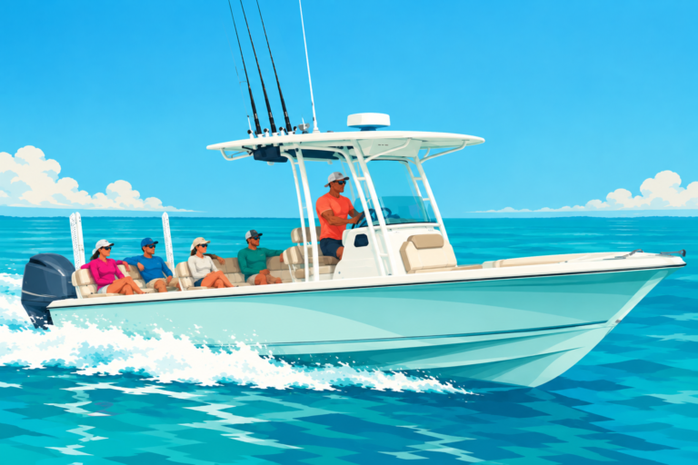 Illustration of Captain Gavin's charter boat running across Tampa Bay with guests aboard