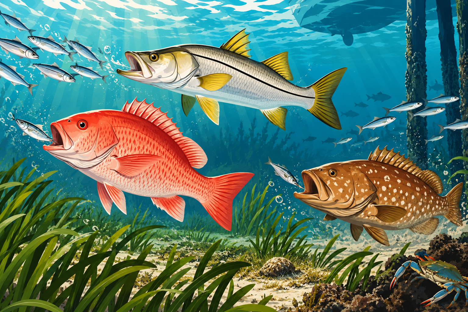Illustration of snook, mangrove red snapper and grouper hunting baitfish over the Tampa Bay seagrass flats