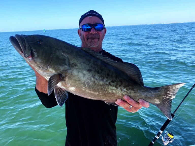 Angler holding a large gag grouper over open water