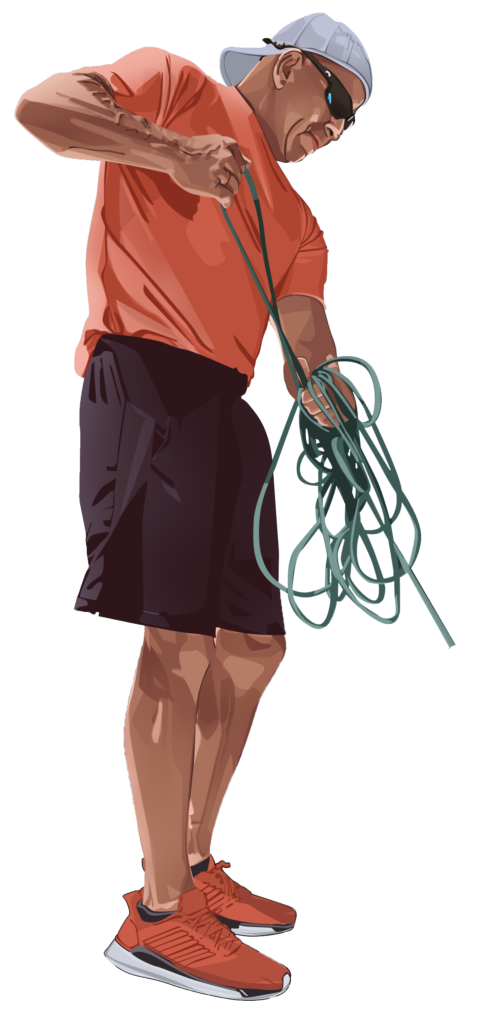 Illustration of Captain Gavin O'Neal working a cast net on the bow of his boat