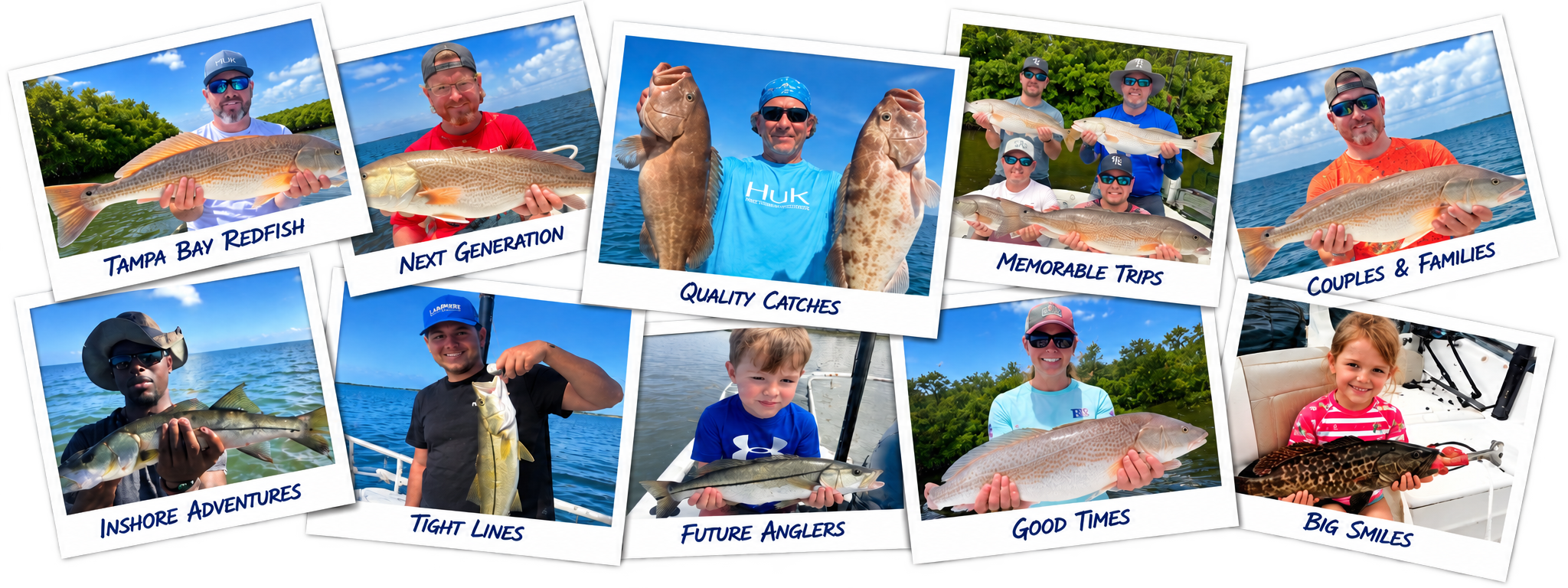 Polaroid collage of Apollo Beach Fishing Charters guests with their catch on Tampa Bay