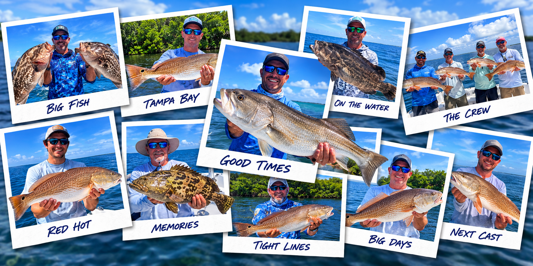 Polaroid snapshots from Apollo Beach charters: friends, families and kids holding their catch on Tampa Bay